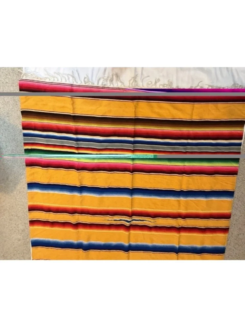 Vintage 80s Yellow Mexican Serape Blanket Colorful Stripes Boho  Fringe 82